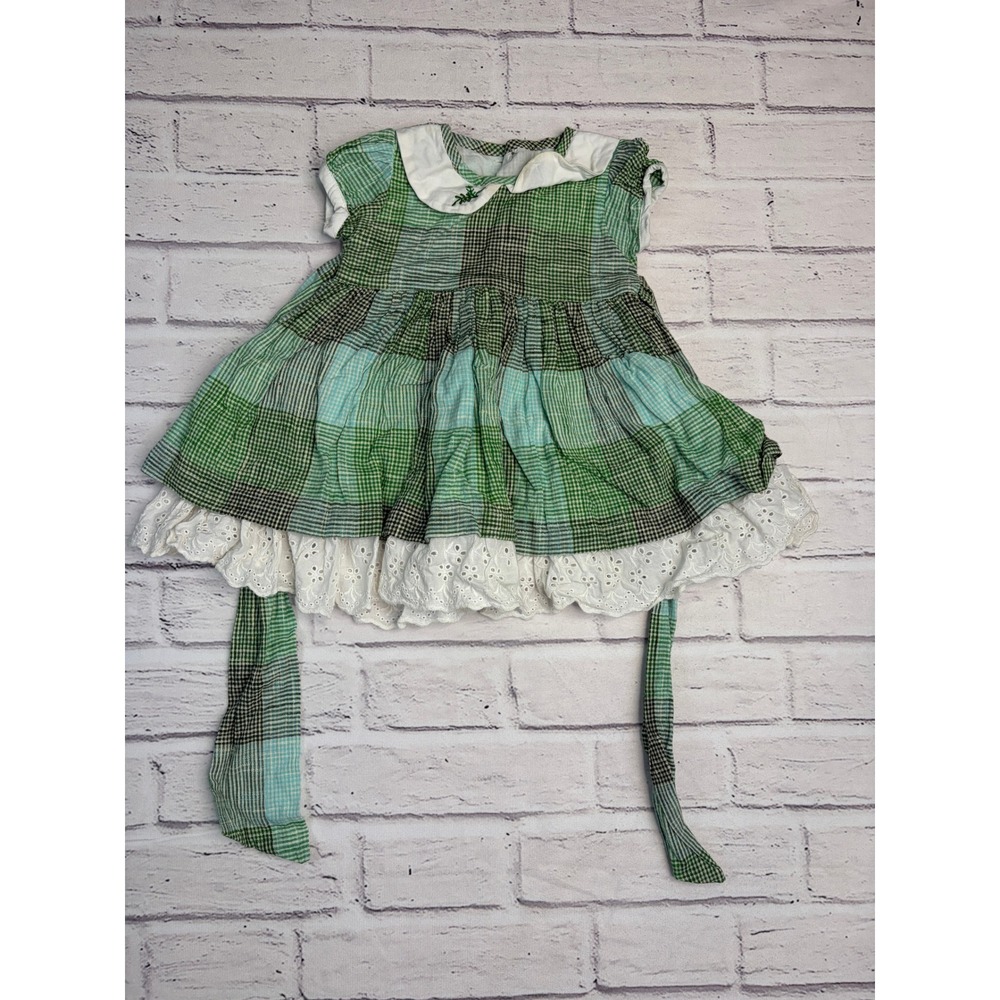 Well Dressed Wolf Baby Girl Green Gingham Plaid Eyelet Lace Dress 12M